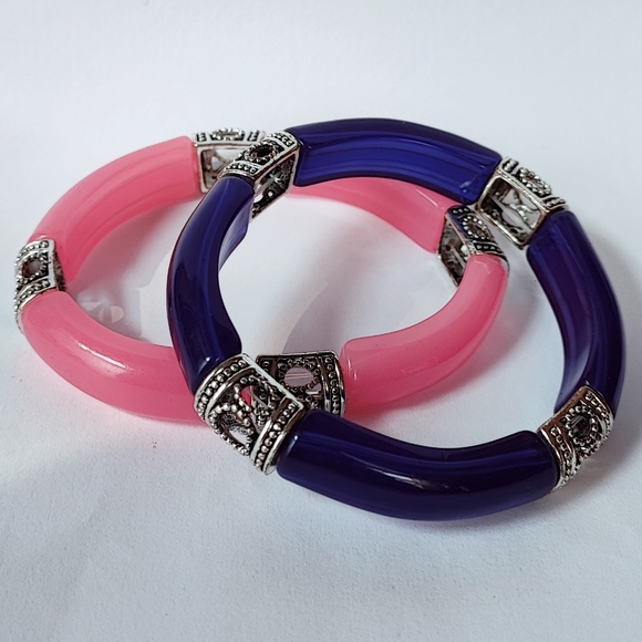 Navy Blue Lucite Curved Stretch Bracelet Vintage Silver Metal Beads NEW - Picture 9 of 9